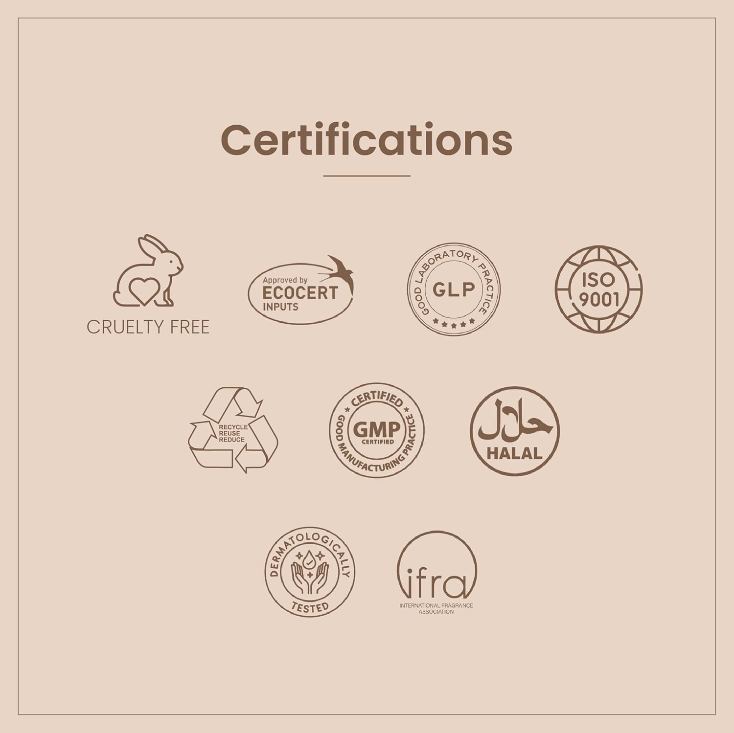 Collection of certifications logos on a beige background