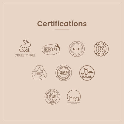 Collection of certifications logos on a beige background