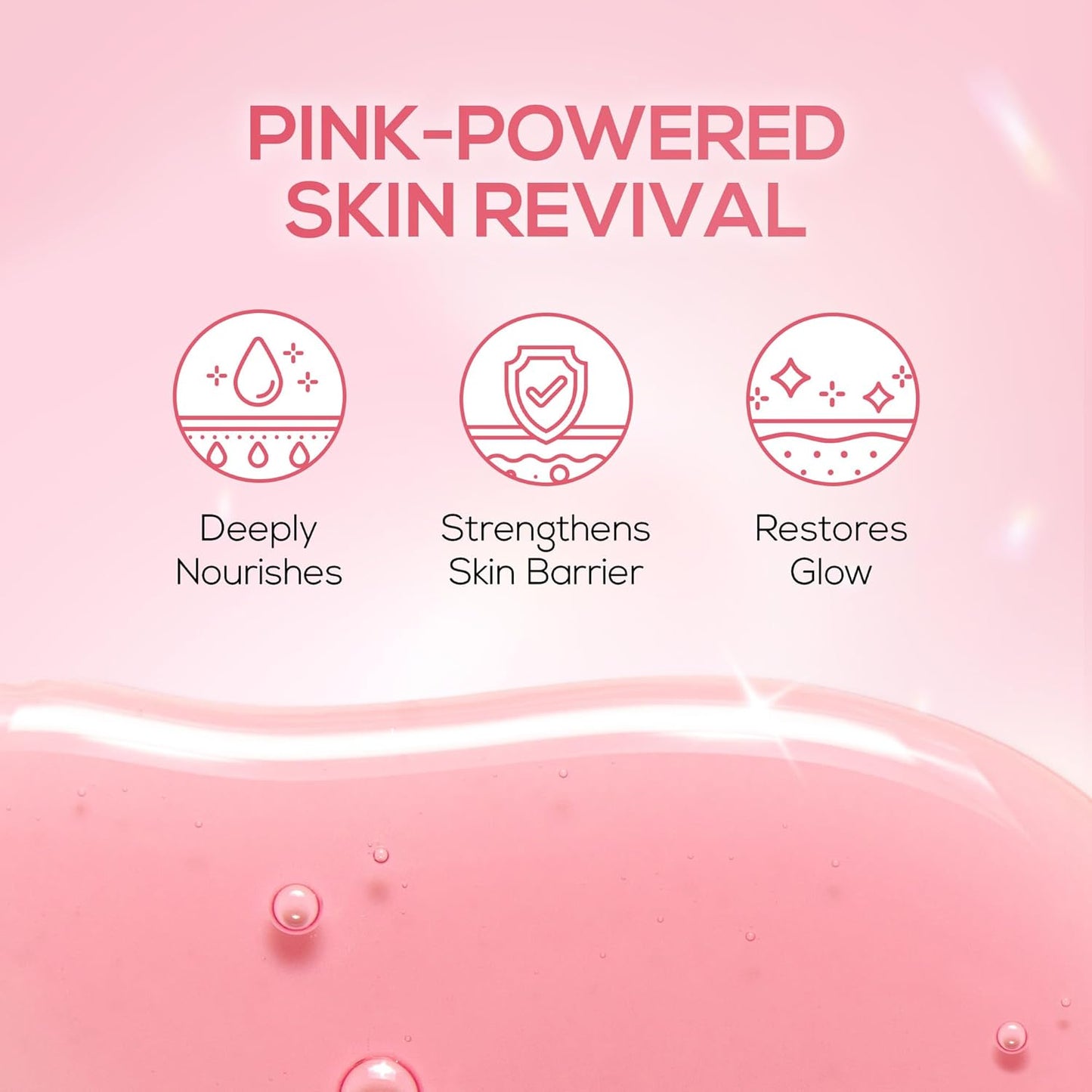 Pink skincare product with icons and text on a pink background