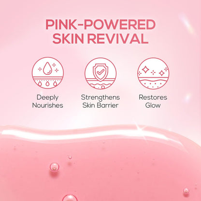 Pink skincare product with icons and text on a pink background