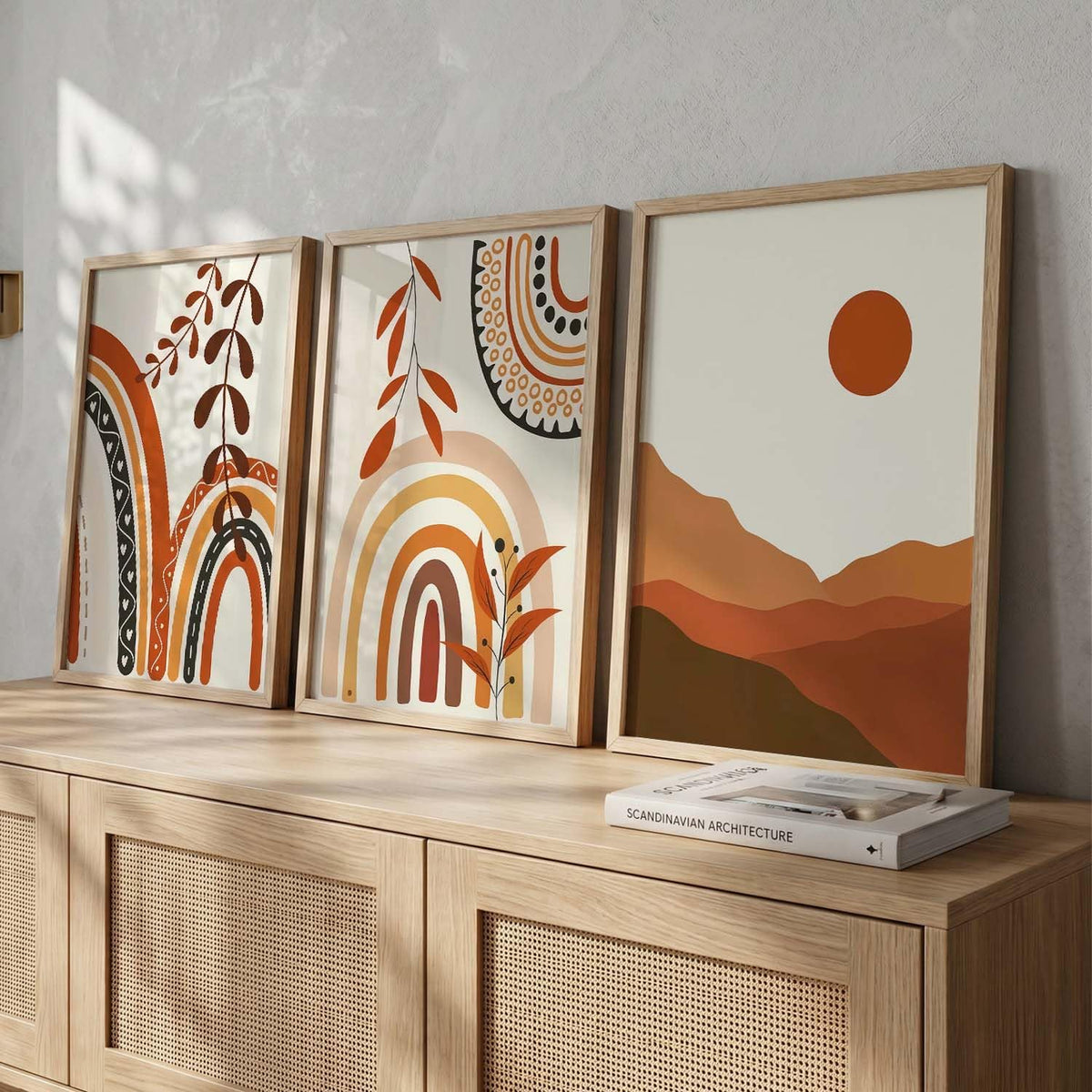 Home Decor Boho Painting Decorative Wall Art poster With Frame For Living Room Bed Room Hotel Wall Decor Digital Reprint Set of 3 (13X17 inch)