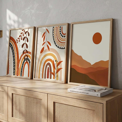 Home Decor Boho Painting Decorative Wall Art poster With Frame For Living Room Bed Room Hotel Wall Decor Digital Reprint Set of 3 (13X17 inch)