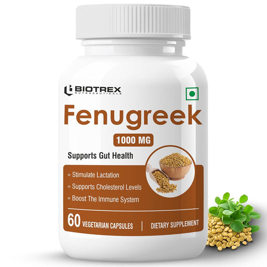 Biotrex Fenugreek - Improves Cholesterol Levels, 1000mg (60 Capsules), nutritional supplement, multivitamins, vitamin capsules, for men, women and adults, best health supplements