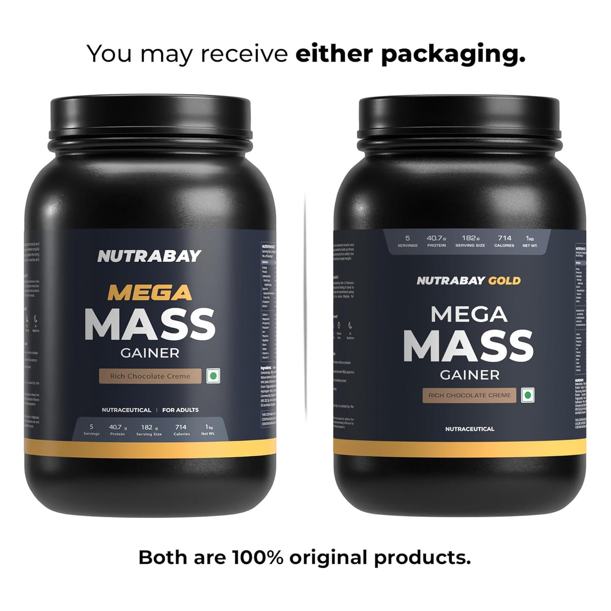 Two black containers of Nutrabay Mega Mass Gainer on a white background.