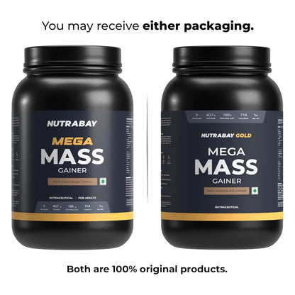 Two black containers of Nutrabay Mega Mass Gainer on a white background.