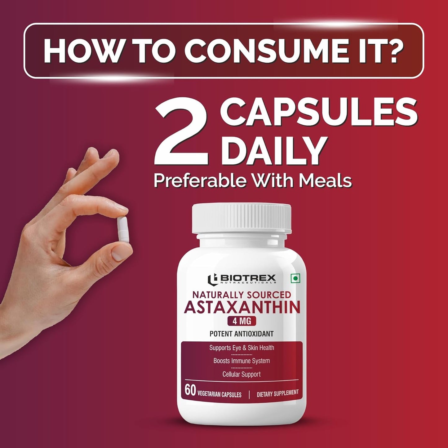 Biotrex Nutraceuticals Astaxanthin 4mg | Supports Eye & Skin Health I Boosts Immune System | Cellular Support | Naturally Sourced - 60 Veg Capsules