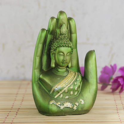 eCraftIndia 'Palm Buddha' Handcrafted (Polyresin, 10 cm x 16 cm, Green and Golden, MSGB527_GR)