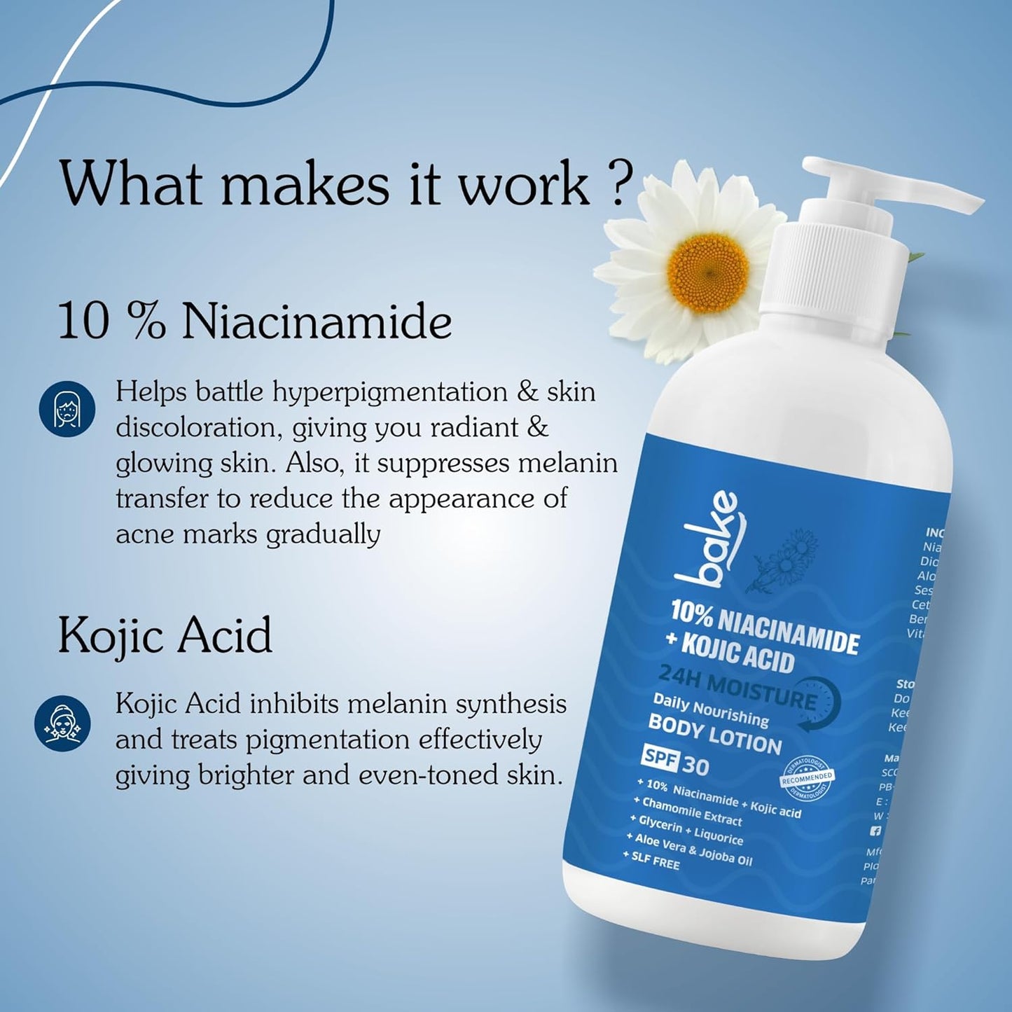 BAKE 10% Niacinamide Body Lotion SPF 30 with Kojic Acid for Acne Marks & Dark Spots, Pigmentation, Tan Removal | For Women & Men | 200ml