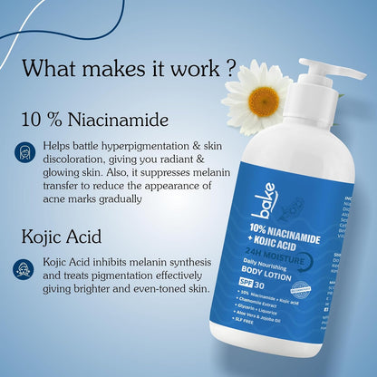 BAKE 10% Niacinamide Body Lotion SPF 30 with Kojic Acid for Acne Marks & Dark Spots, Pigmentation, Tan Removal | For Women & Men | 200ml