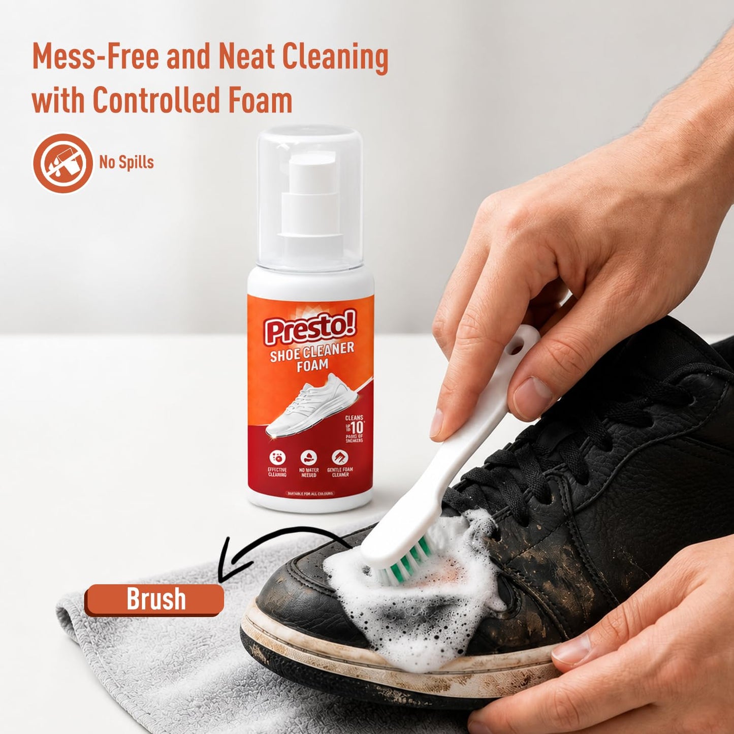 Amazon Brand - Presto! Sports Shoe Cleaner With Brush 150 ml | Removes Tough Stains | No Water Required | Ready To Use