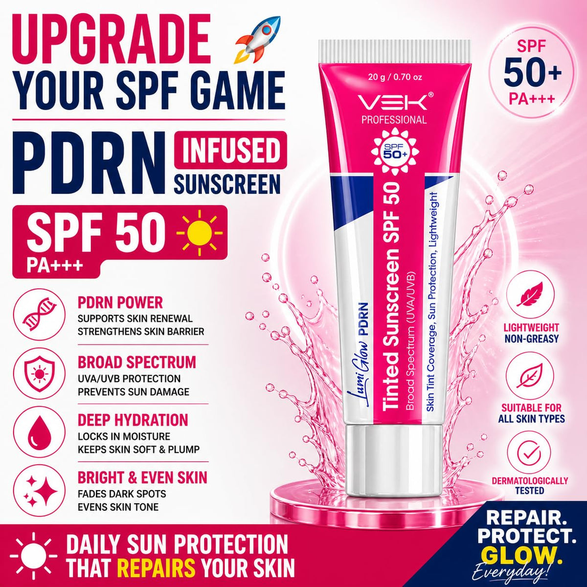 Vek Professional sunscreen tube with pink and white design on a pink background