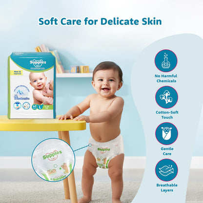 Supples Premium Baby Diaper Pants | 62 Baby Diapers | Large | 9-14 Kg | 12 Hrs Absorption | Cushiony Cotton Soft Fabric | Phthalates-Free | Triple Leak Guard