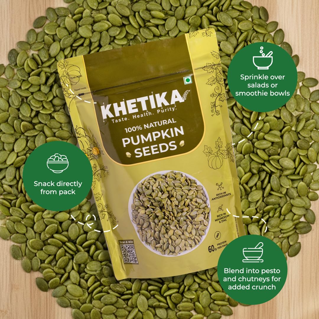 Khetika Pumpkin Seeds I AAA Grade I Raw & Unroasted Pumpkin Seed I Seeds For Eating I Rich in Protein, Dietary Fibre, Omega -3, Magnesium, Zinc