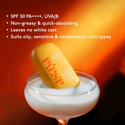 Sunscreen stick in a glass with product details on an orange background