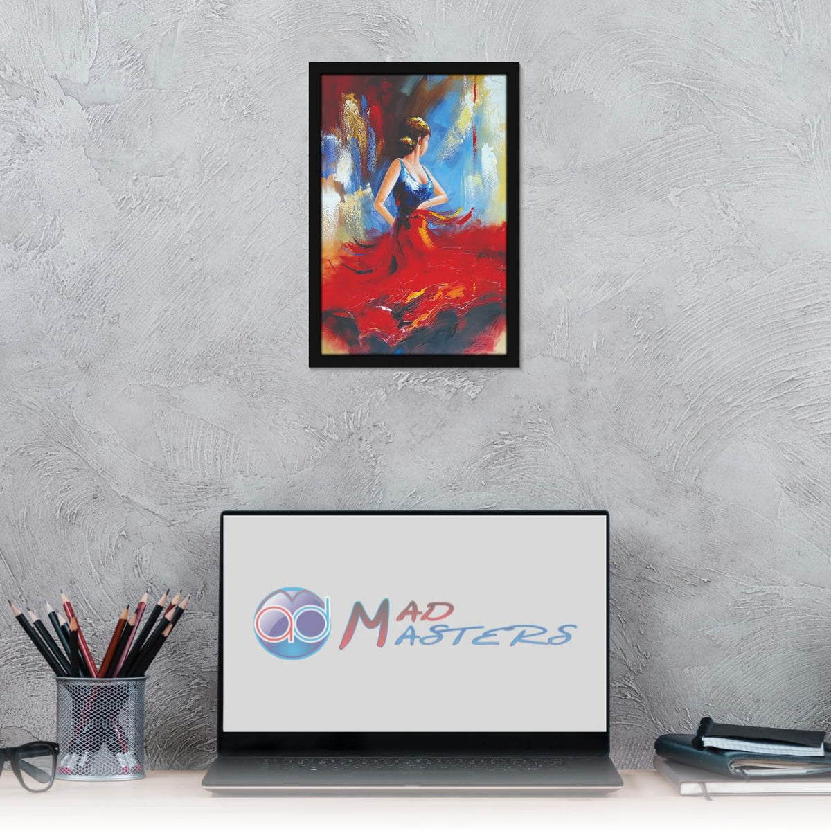 Dancing Girl in Red Skirt Blue Top Woman Lady Painting Photo Frame for Living Room, Bedroom, Home Decor and Wall Decoration (MM 2894, 30.5L x 20.3W cm, Paper, Without Plexi Glass)