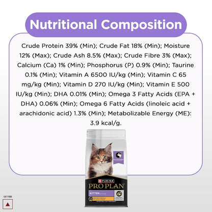 Purina Pro Plan Kitten Dry Food with Chicken, 1.2kg Pack | With Chicken, Complete Kitten Nutrition, High Quality Protein, Essential Vitamins & Minerals