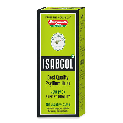 Box of Baidyanath Isabgol with green and black design on a white background