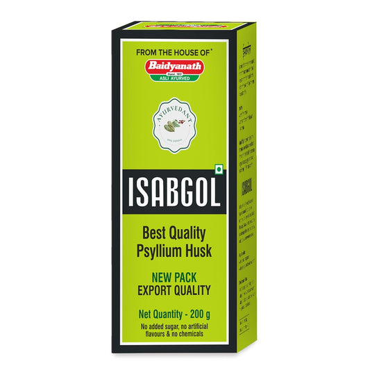 Box of Baidyanath Isabgol with green and black design on a white background