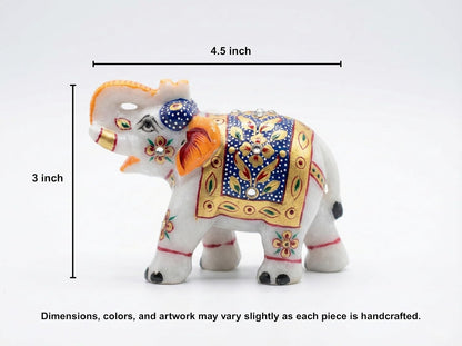 Handcrafted White Marble Elephant Statue with – Trunk Up Elephant Figurine for Vastu, Home Decor, & Mandir – Traditional Rajasthani Handicraft Showpiece - 3"