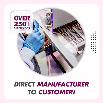 Person wearing gloves operating a machine with text about supplements and direct manufacturing.