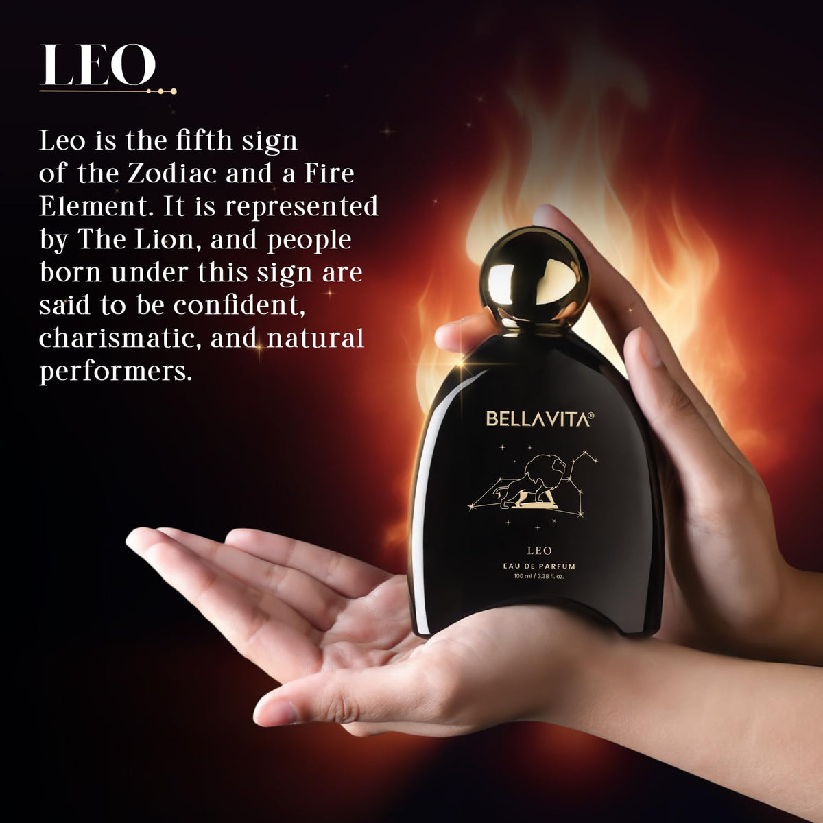 Bellavita perfume bottle held in hands with Leo zodiac sign description