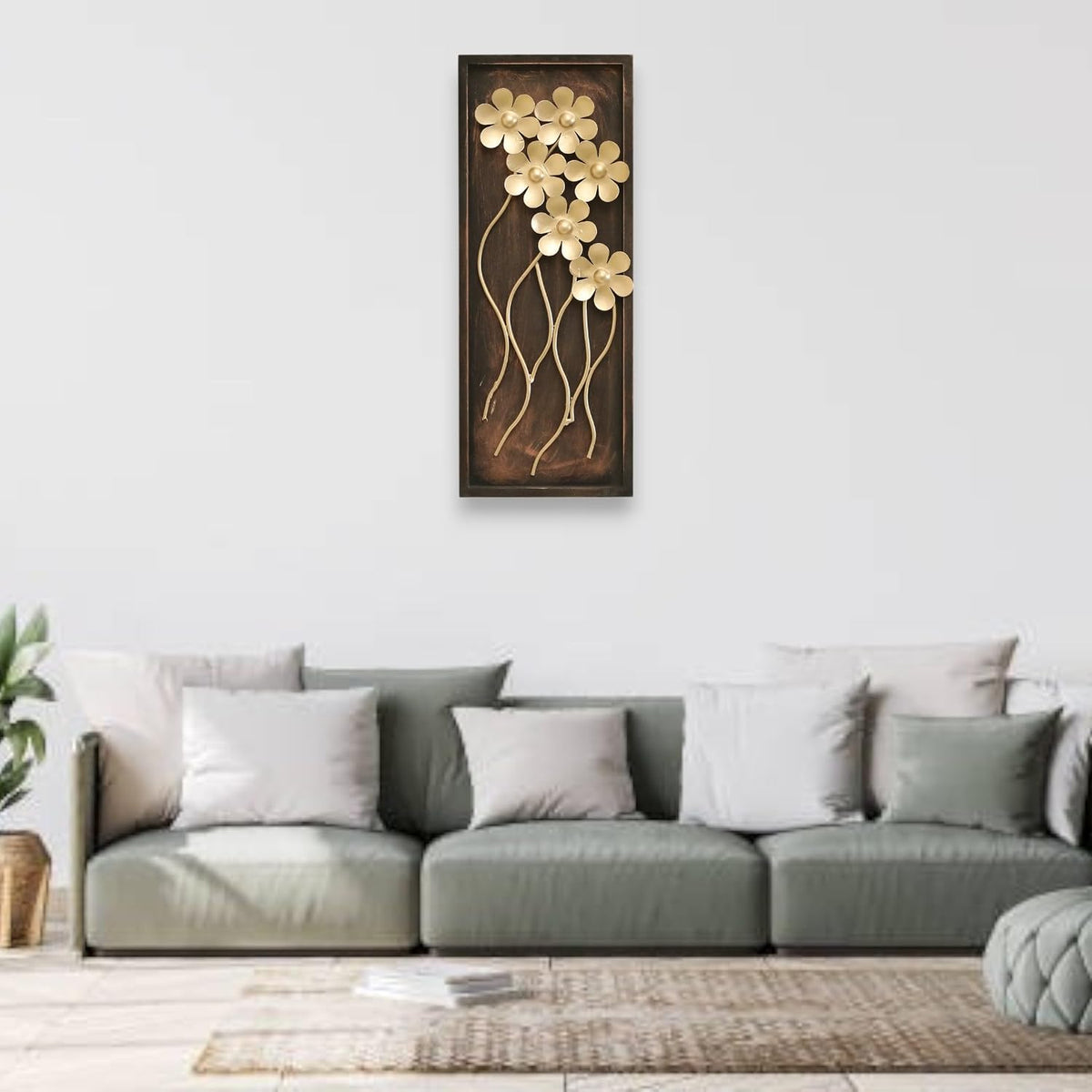 Premium Golden Floral Metal Wall Decor with Antique Brown Rectangular Frame | 3D Flower Wall Art Hanging for Living Room, Bedroom, Hallway & Home Decoration