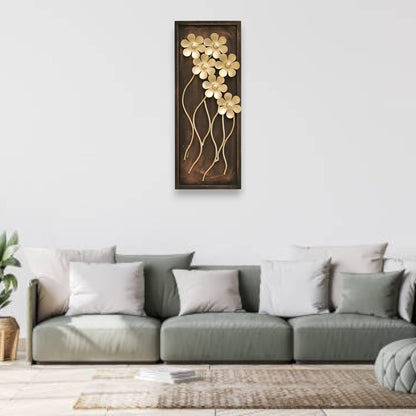 Premium Golden Floral Metal Wall Decor with Antique Brown Rectangular Frame | 3D Flower Wall Art Hanging for Living Room, Bedroom, Hallway & Home Decoration