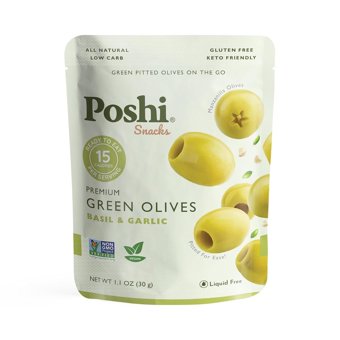 Poshi Green Olives On-The-Go - Single Serve Pitted Olives - Convenient and Healthy Snack Packs - All Natural, Non-GMO, Kosher, Gluten-Free - 1.1 Oz