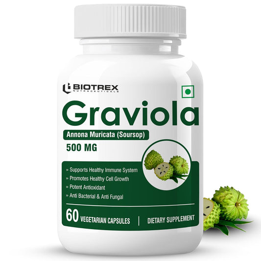 Biotrex Nutraceuticals Graviola 500mg | Supports Immune Health | High In Vitamin C | Antioxidant & Antimicrobial | Eye & Digestive Health | 60 Veg Capsules