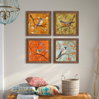 Multicolor Birds Wall Art Painting for living room, birds floral Framed painting, set of 4, 9x9 Inch