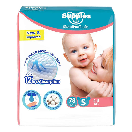 Supples Premium Baby Diaper Pants | 78 Baby Diapers | Small | 4-8 Kg | 12 Hrs Absorption | Cushiony Cotton Soft Fabric | Phthalates-Free | Triple Leak Guard