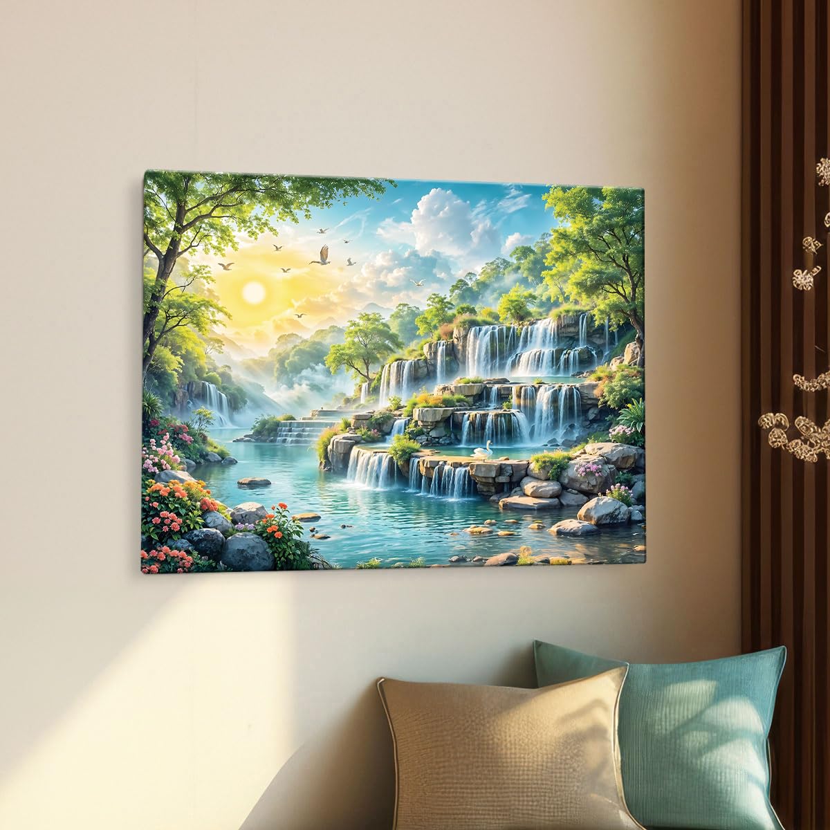 Canvas Step Waterfall Painting Vastu, Big Size Scenery, Water Stream, Mountain Painting Vastu Water Fall, Multicolor, Nature, 58.0 X 45.0 cm, Set of 1