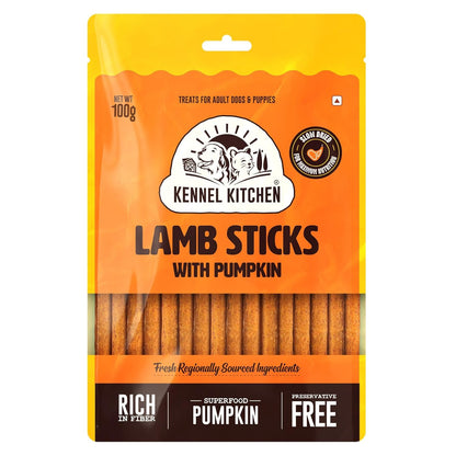 Kennel Kitchen Soft Baked Lamb with Pumpkin Sticks Treats for Dogs, 100g (Pack of 1) | Soft Dog Chew Sticks | Dog Treats for Adult Dogs and Puppies