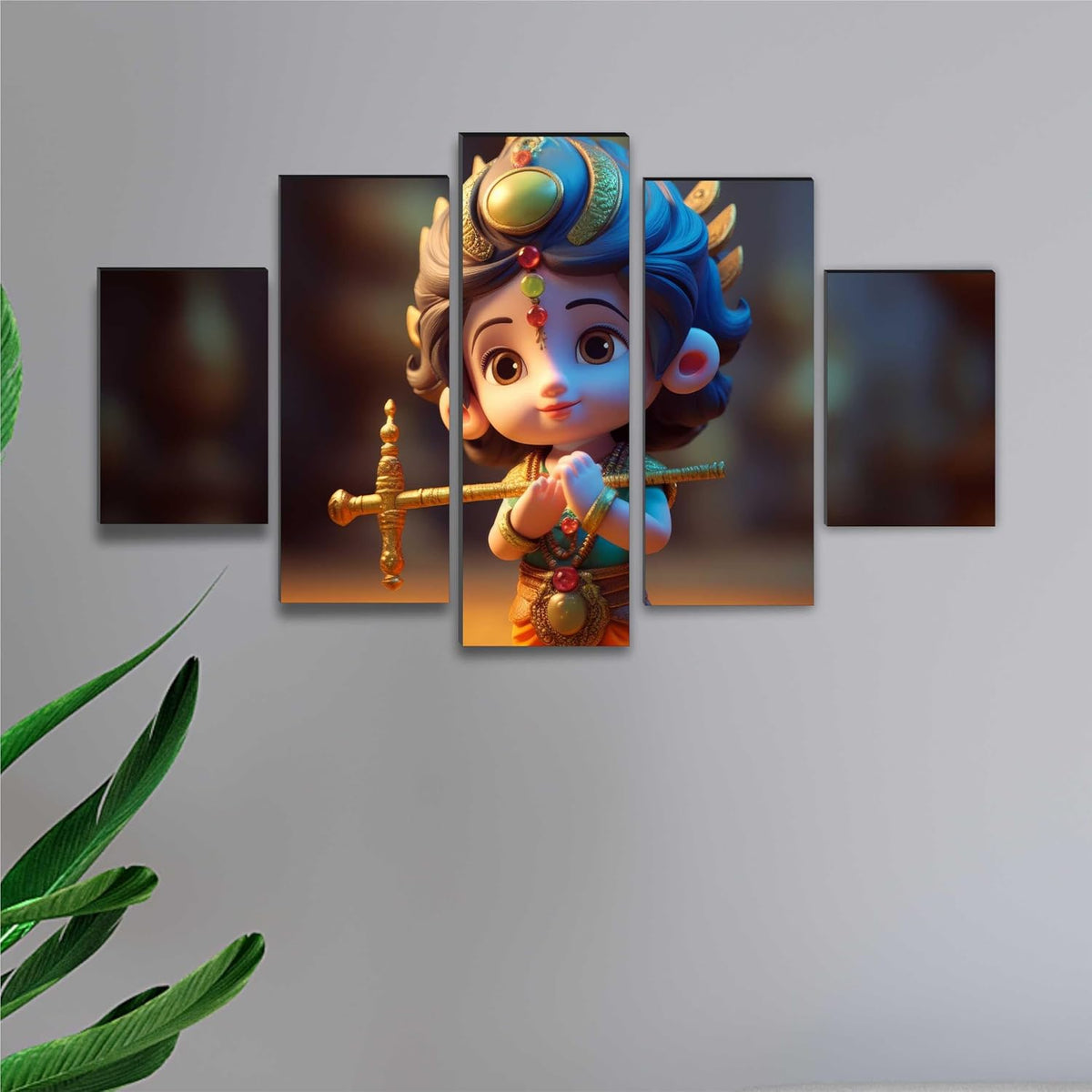 Bal krishna Paintings for Living Room | Painting for Wall Decoration | 3D Wall Art for Bedroom | Kanha Religious Wall Painting Set of 5 (75 x 45 cms) SANFPNLS35494