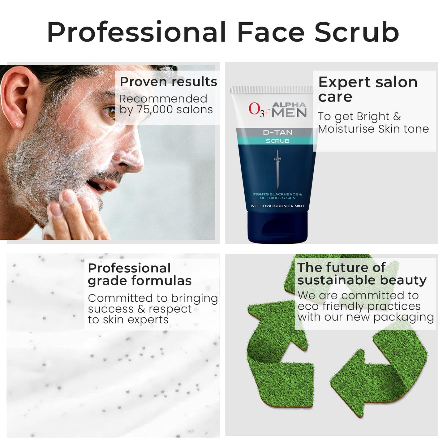 O3+ ALPHA MEN Acno D-TAN Scrub With Hyaluronic & Mint 50g - Detan Scrub for TAN removal | Fights Blackheads & Detoxifies Skin