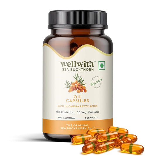 Wellwith (Ayuzera) Sea Buckthorn Berry Oil Vegan Omega 7 500mg, 30 Veg HPMC Capsules (Pack of 1), 15-Day Supply| Sea buckthorn capsules rich In Omega 3, 6, 7 & 9 For Muscle, Bone, Heart & Skin