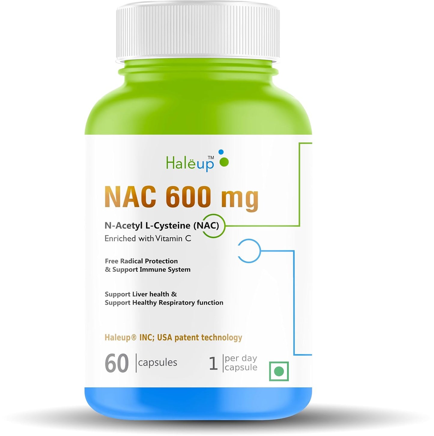 Haleup NAC 99% (N-Acetyl Cysteine) 600 mg, Haleup INC USA, 60 capsules, enriched with Vitamin C for Glutathione Production, Respiratory Health, Liver Detox, Antioxidant Support