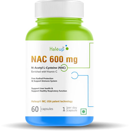 Haleup NAC 99% (N-Acetyl Cysteine) 600 mg, Haleup INC USA, 60 capsules, enriched with Vitamin C for Glutathione Production, Respiratory Health, Liver Detox, Antioxidant Support