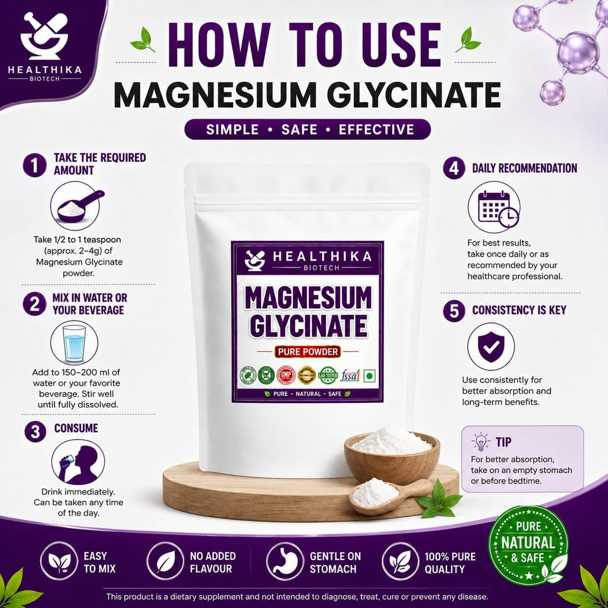 HEALTHIKA BIOTECH Magnesium Glycinate Powder | Magnesium Bisglycinate Powder | Dietary Supplement for Daily Use, 100g