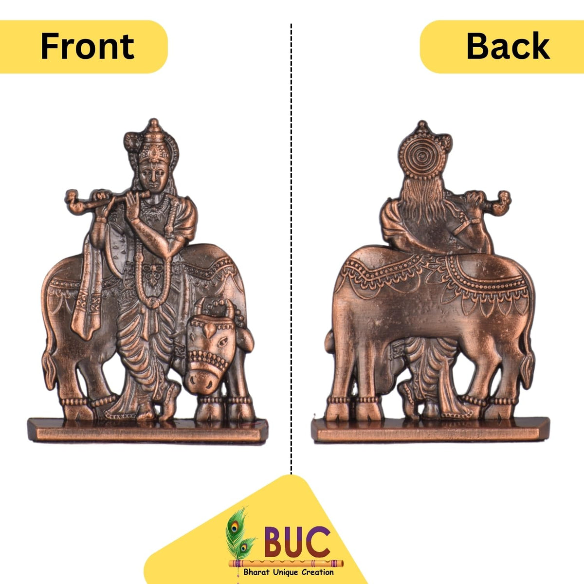 Sri Krishna with Cow & Bansuri Idol for Car Dashboard – Copper Finish Gopal Ji Statue Flute Pose Murti for Car & Temple (S935-CPR)