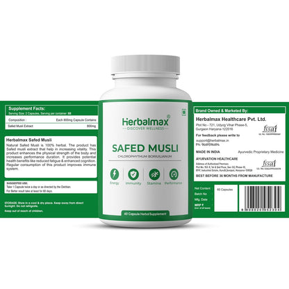 Herbalmax Safed Musli 800mg | With Shilajit, Ashwagandha & Gokshura | Natural Energy, Immunity Boost, Stamina & Stress Relief | Enhances Performance & Body Strength for Men & Women – 60 Veg Capsules
