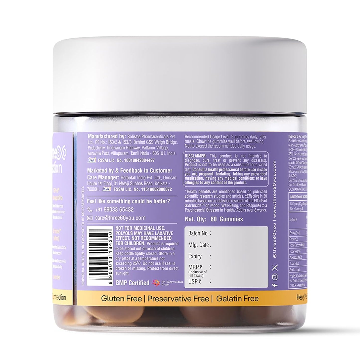 three60 STRESS RELIEF Gummies |Reduces Stress & Cortisol Levels |Helps in Anxiety Relief & Calms Mind |KSM-66® Ashwagandha, Safr’InsideTM (Saffron), Lavender|Non-Habit Forming|30 Stress Relief Gummies