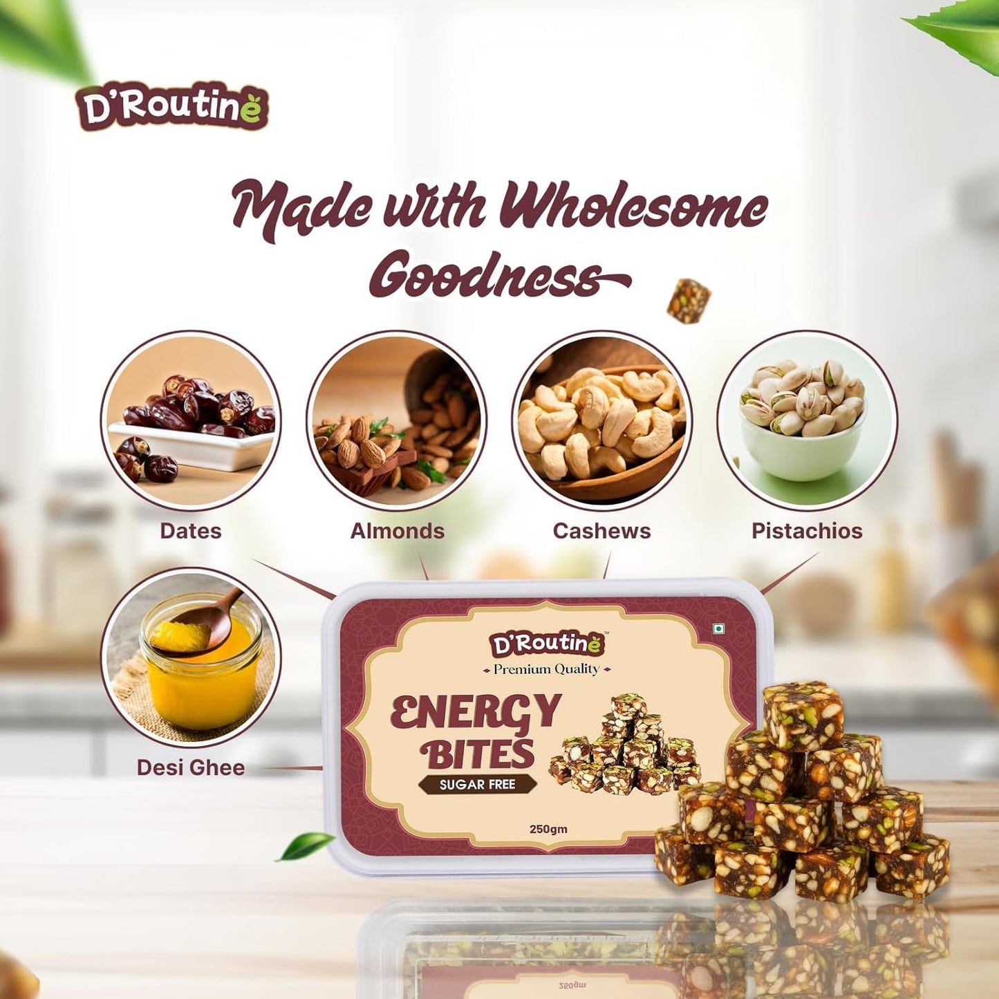 D'Routine Date Bites & Sugar-Free Dates Bites 250Gm Premium Dry Fruit Energy Barfi | Made with Dates, Almonds, Cashews, Pistachios, Pure Ghee & Honey100% Natural Gluten-Free Healthy Snack & Sweet