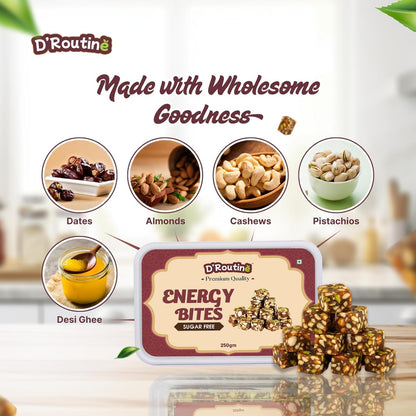 D'Routine Date Bites & Sugar-Free Dates Bites 250Gm Premium Dry Fruit Energy Barfi | Made with Dates, Almonds, Cashews, Pistachios, Pure Ghee & Honey100% Natural Gluten-Free Healthy Snack & Sweet
