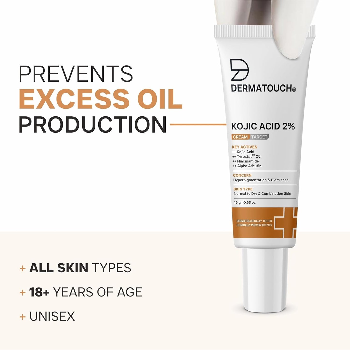 Dermatouch skincare product with text on excess oil production and target demographics.