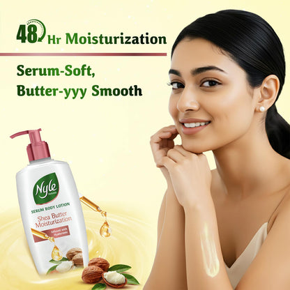 Nyle Serum Body Lotion for All Skin Types | Shea Butter + Hyaluronic + Vitamin B5 | Lightweight, Non-Sticky | 48H Moisturization | Deep Nourish & Soft Skin | 400ml