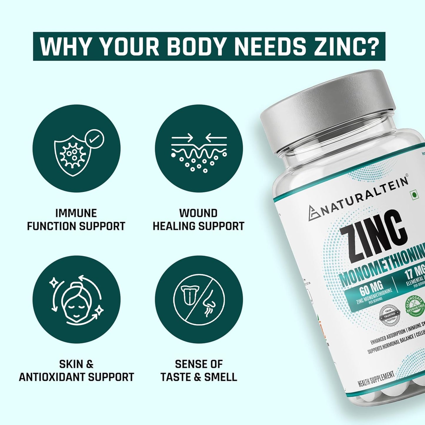 Naturaltein Zinc Monomethionine 60 mg | 17 mg Elemental Zinc per Tablet | Supports Immune Health, Antioxidant Protection & Skin Wellness | 30 Count