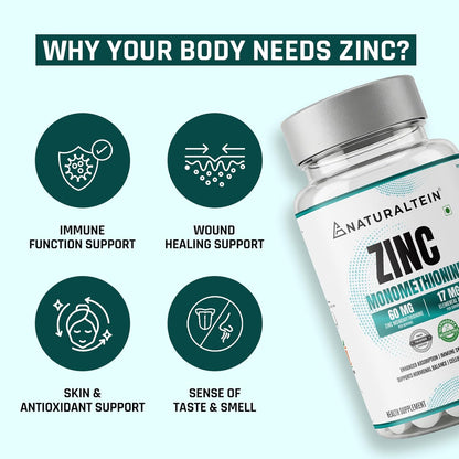 Naturaltein Zinc Monomethionine 60 mg | 17 mg Elemental Zinc per Tablet | Supports Immune Health, Antioxidant Protection & Skin Wellness | 30 Count