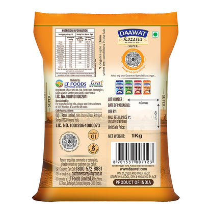 Daawat Rozana Super Basmati Rice 1Kg| For Everyday Consumption| Cooked Grain Upto 13mm*| Naturally Aged