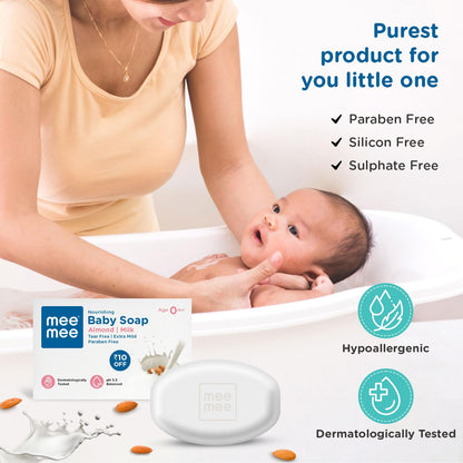 Mee Mee Nourishing Baby Soap for Bath Bar with 100% Natural Almond Oil & Milk Extract, Dermatologically Tested for Soft Baby Skin, 75 Gram